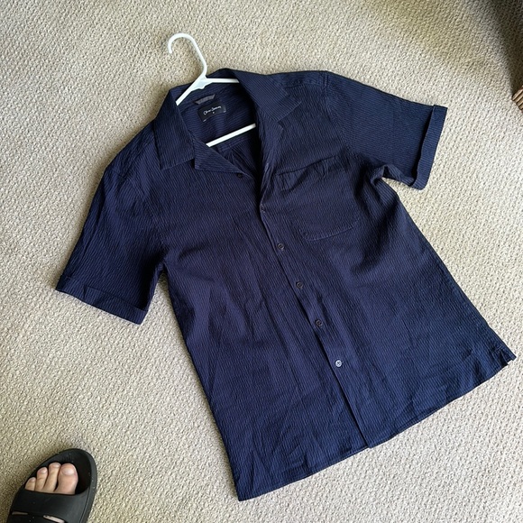 Oliver Sweeney, Ravenshead Navy Stripe. Cotton Seersucker Short Sleeved Shirt M - Picture 2 of 3